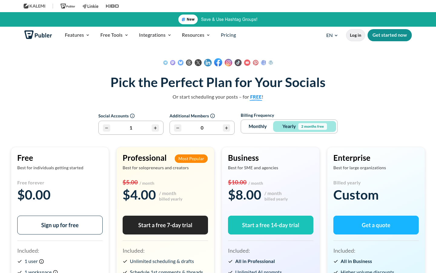 Screenshot of Publer's pricing page showing its plans and prices