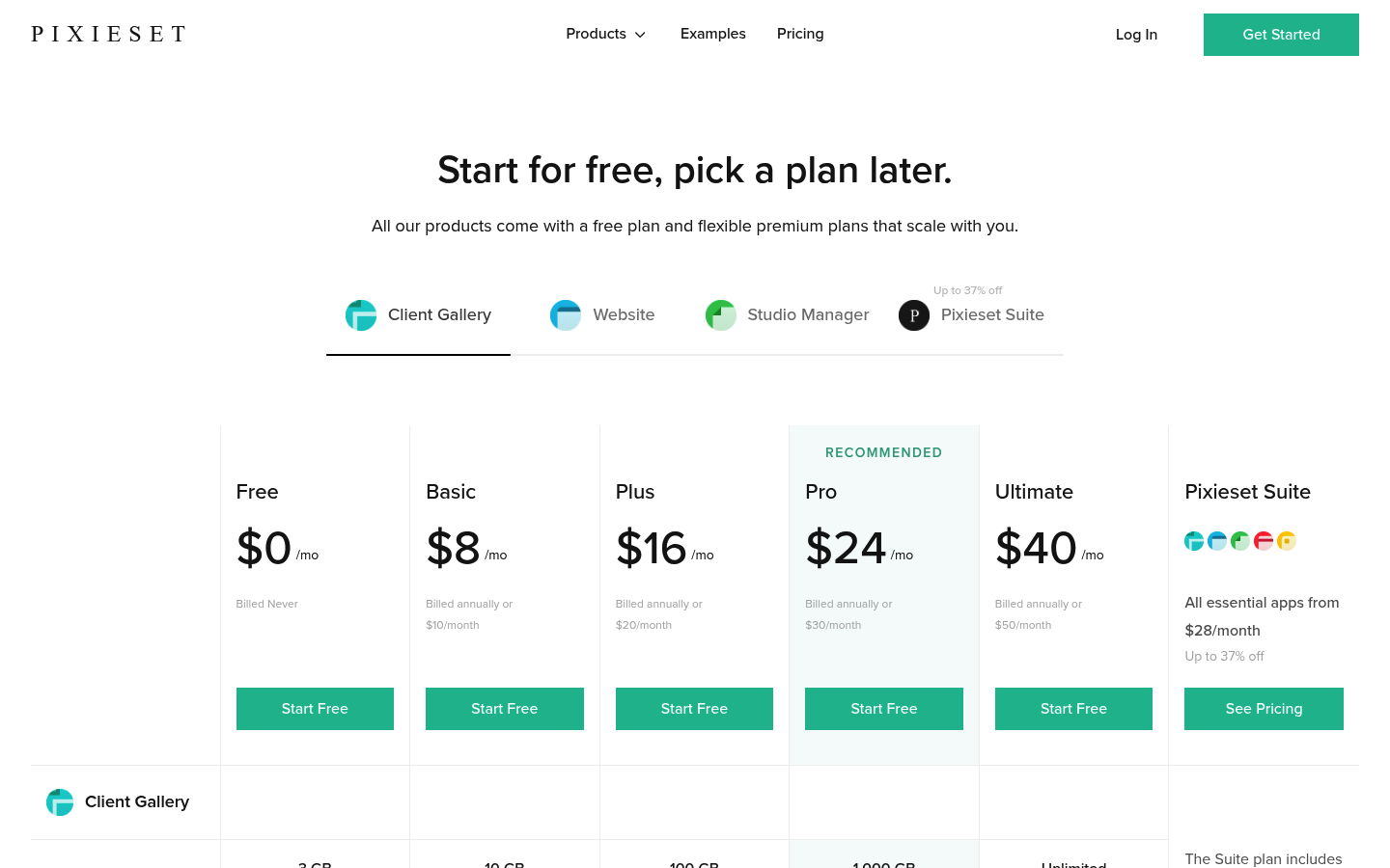 Screenshot of Pixieset's pricing page showing its plans and prices