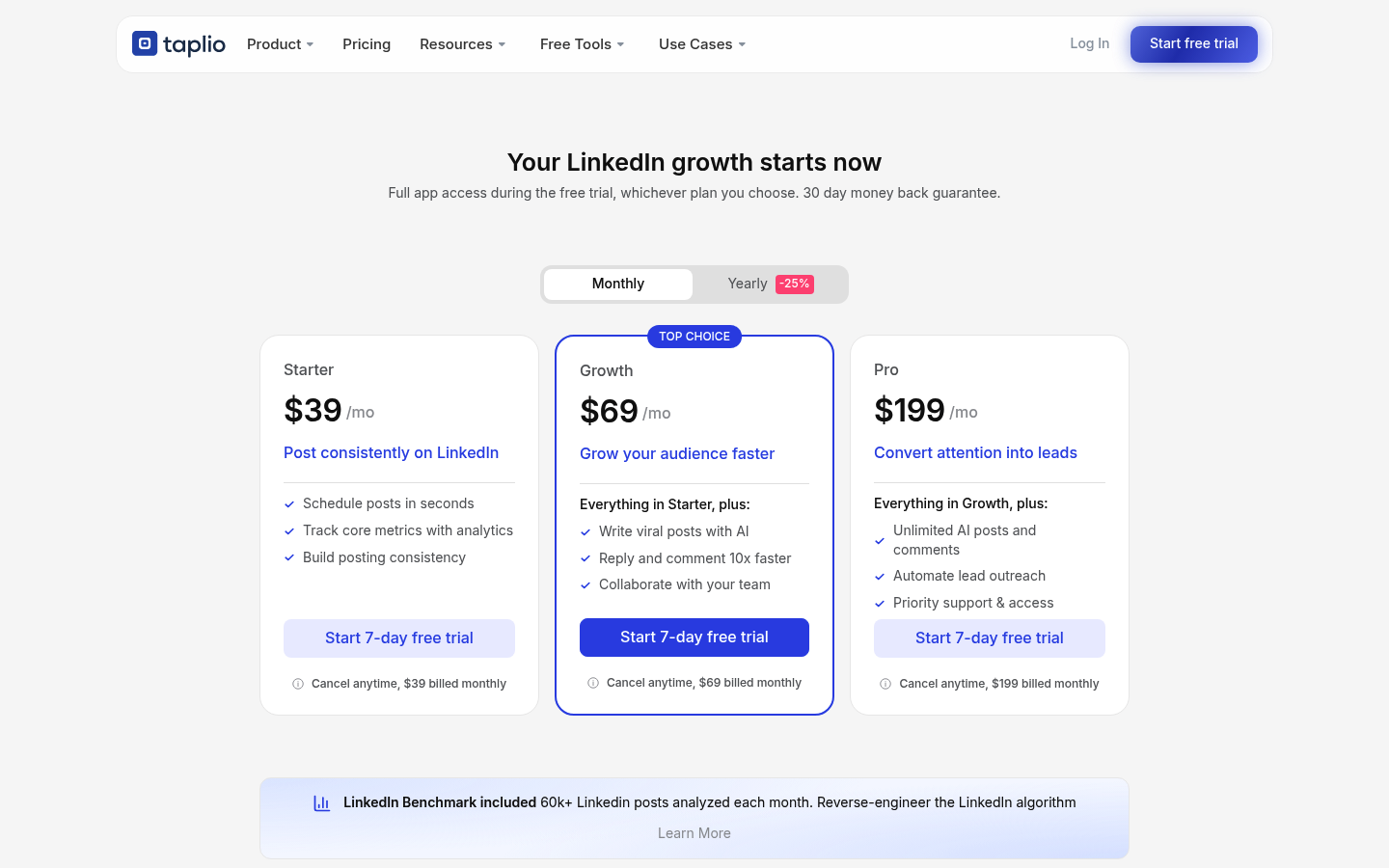 Screenshot of Taplio's pricing page showing its plans and prices
