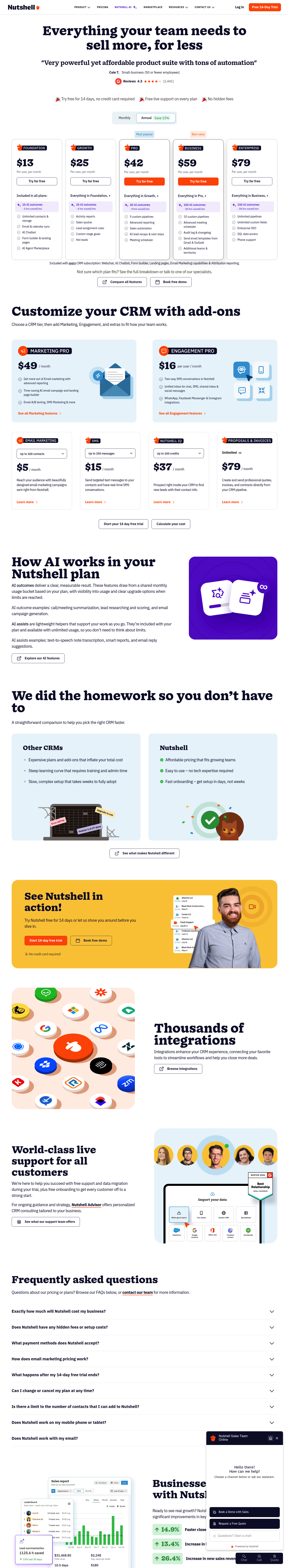 Screenshot of Nutshell's pricing page showing its plans and prices