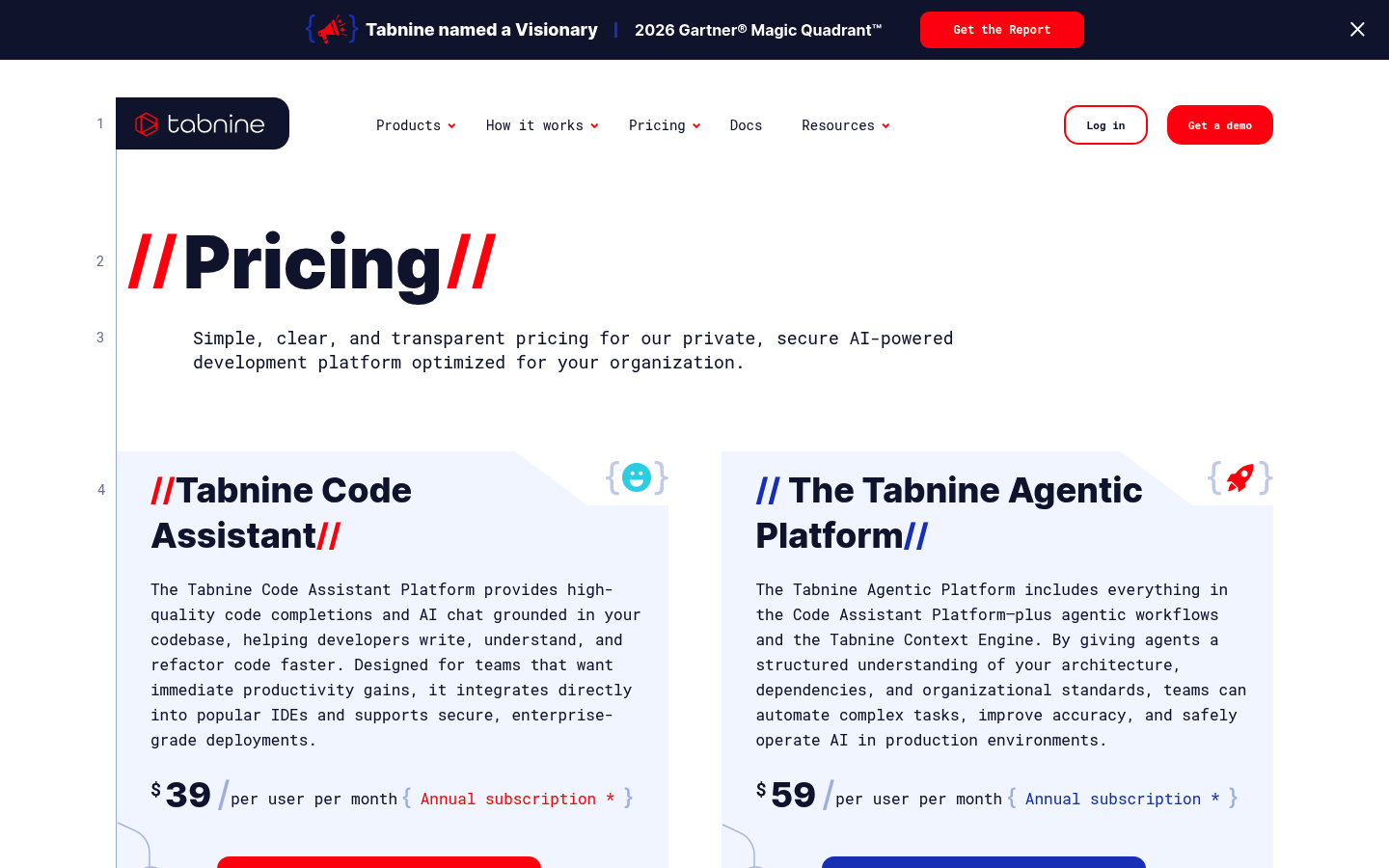 Screenshot of Tabnine's pricing page showing its plans and prices