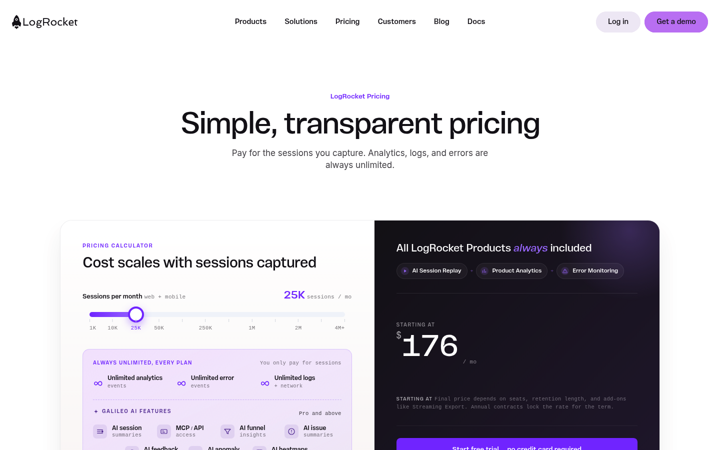 Screenshot of LogRocket's pricing page showing its plans and prices
