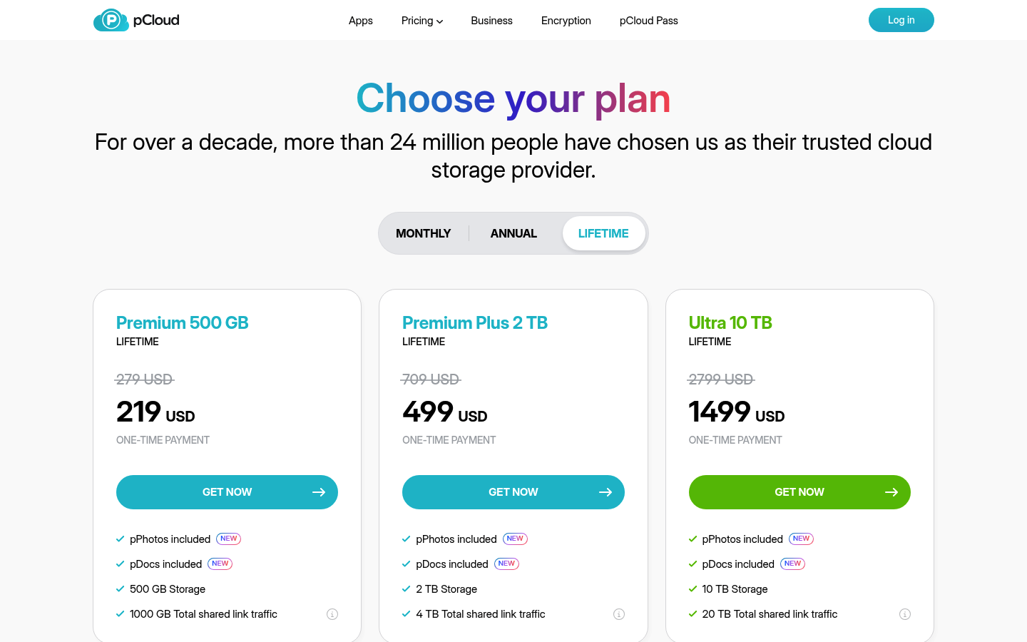 Screenshot of pCloud's pricing page showing its plans and prices