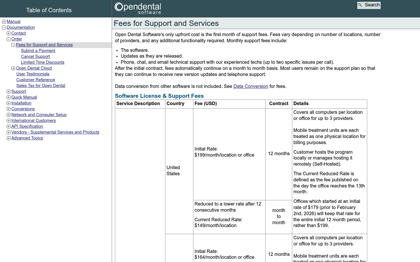 Screenshot of Open Dental's pricing page showing its plans and prices