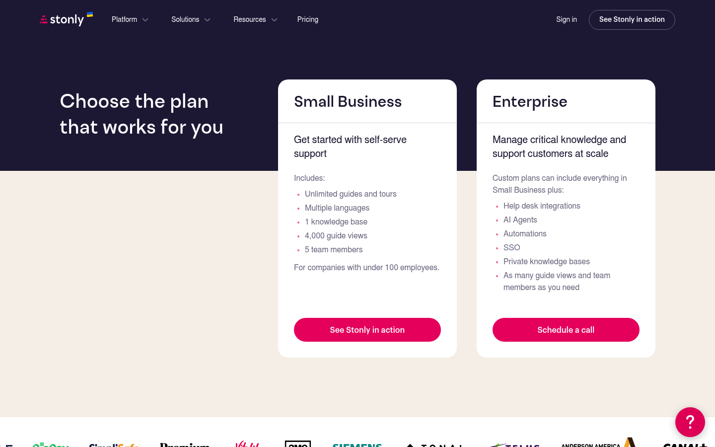 Screenshot of Stonly's pricing page showing its plans and prices