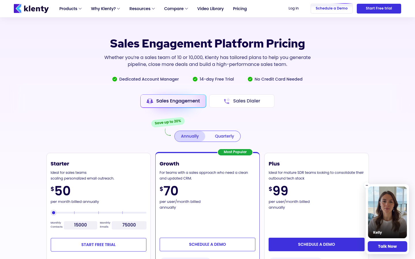 Screenshot of Klenty's pricing page showing its plans and prices