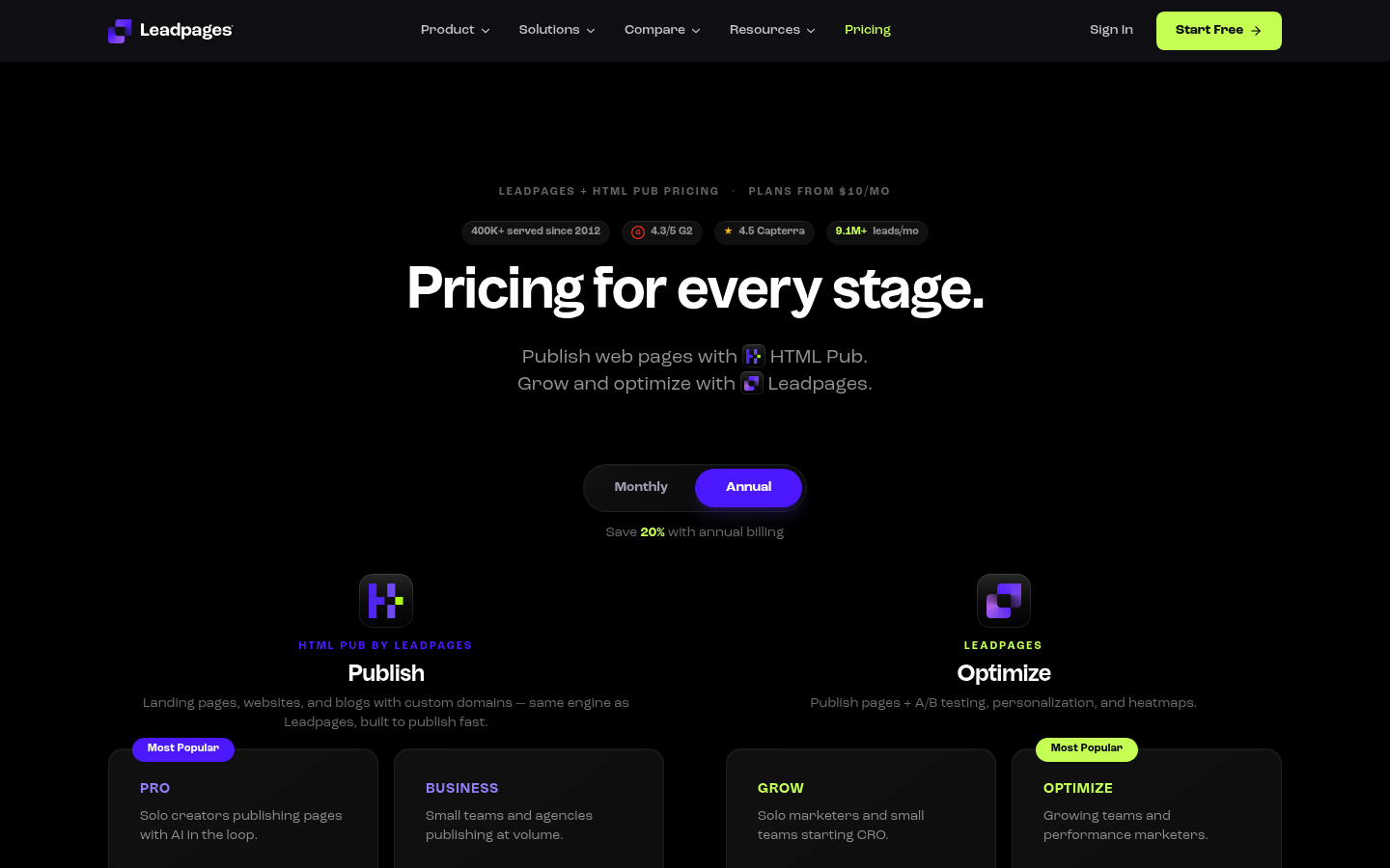 Screenshot of Leadpages's pricing page showing its plans and prices