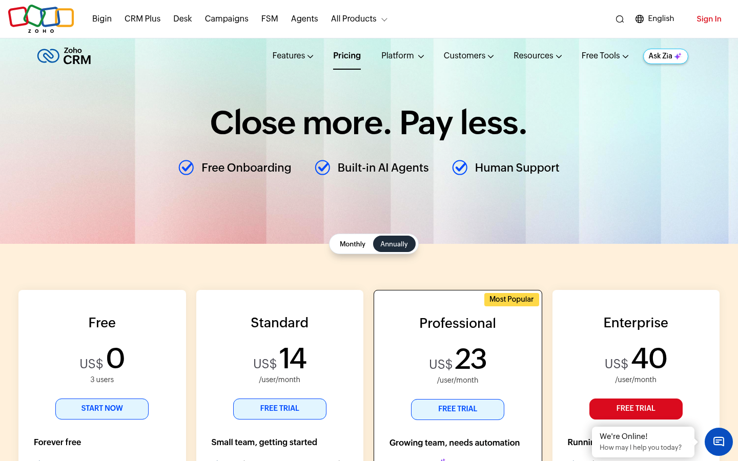 Screenshot of Zoho CRM's pricing page showing its plans and prices