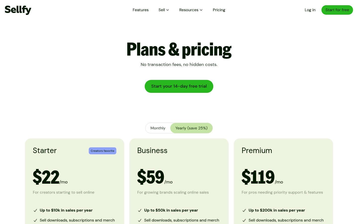 Screenshot of Sellfy's pricing page showing its plans and prices