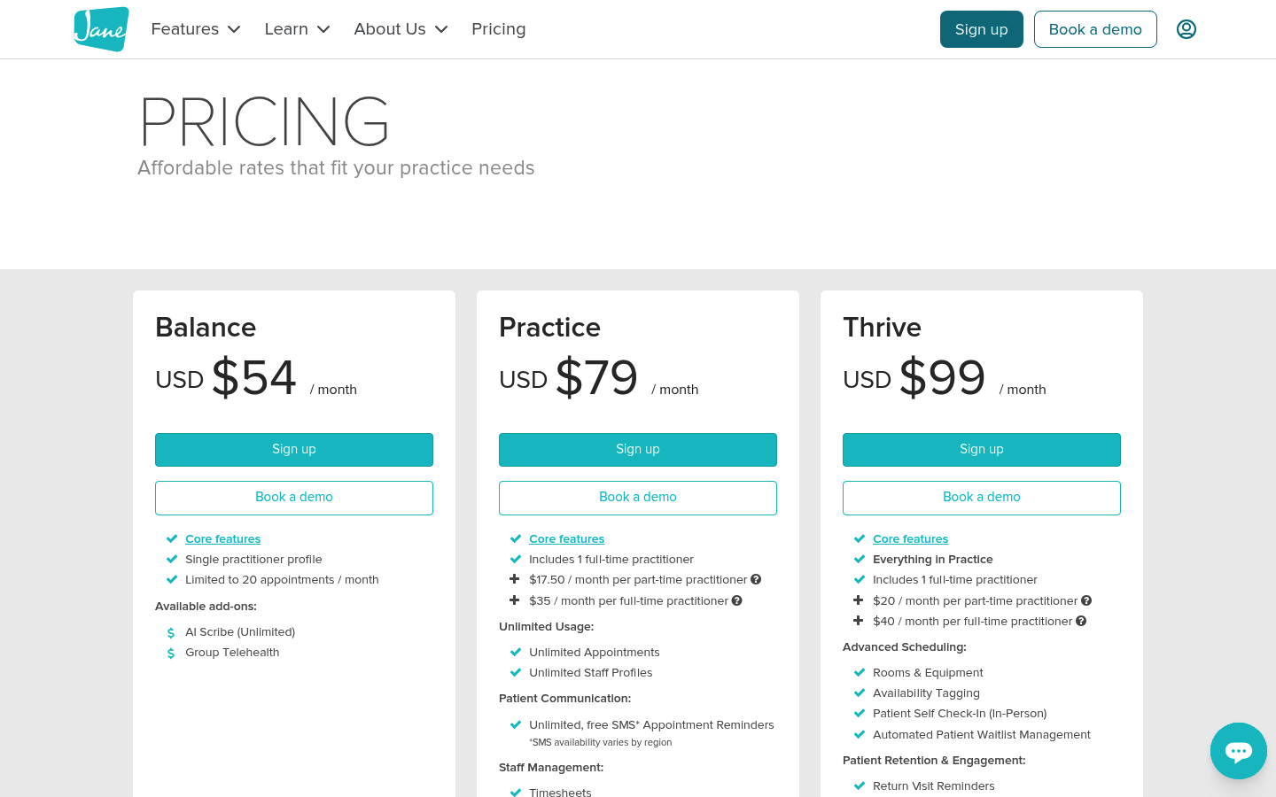Screenshot of Jane's pricing page showing its plans and prices