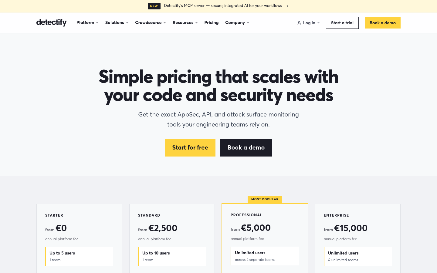 Screenshot of Detectify's pricing page showing its plans and prices