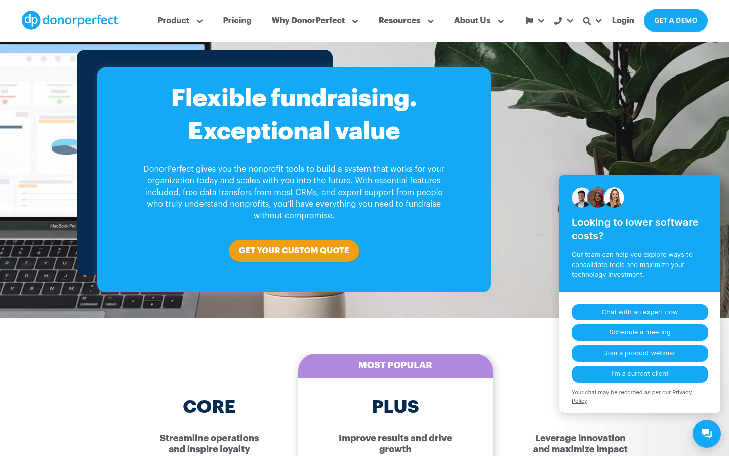 Screenshot of DonorPerfect's pricing page showing its plans and prices