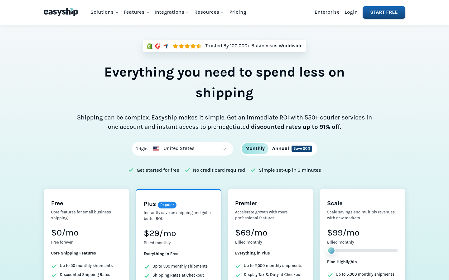 Screenshot of Easyship's pricing page showing its plans and prices