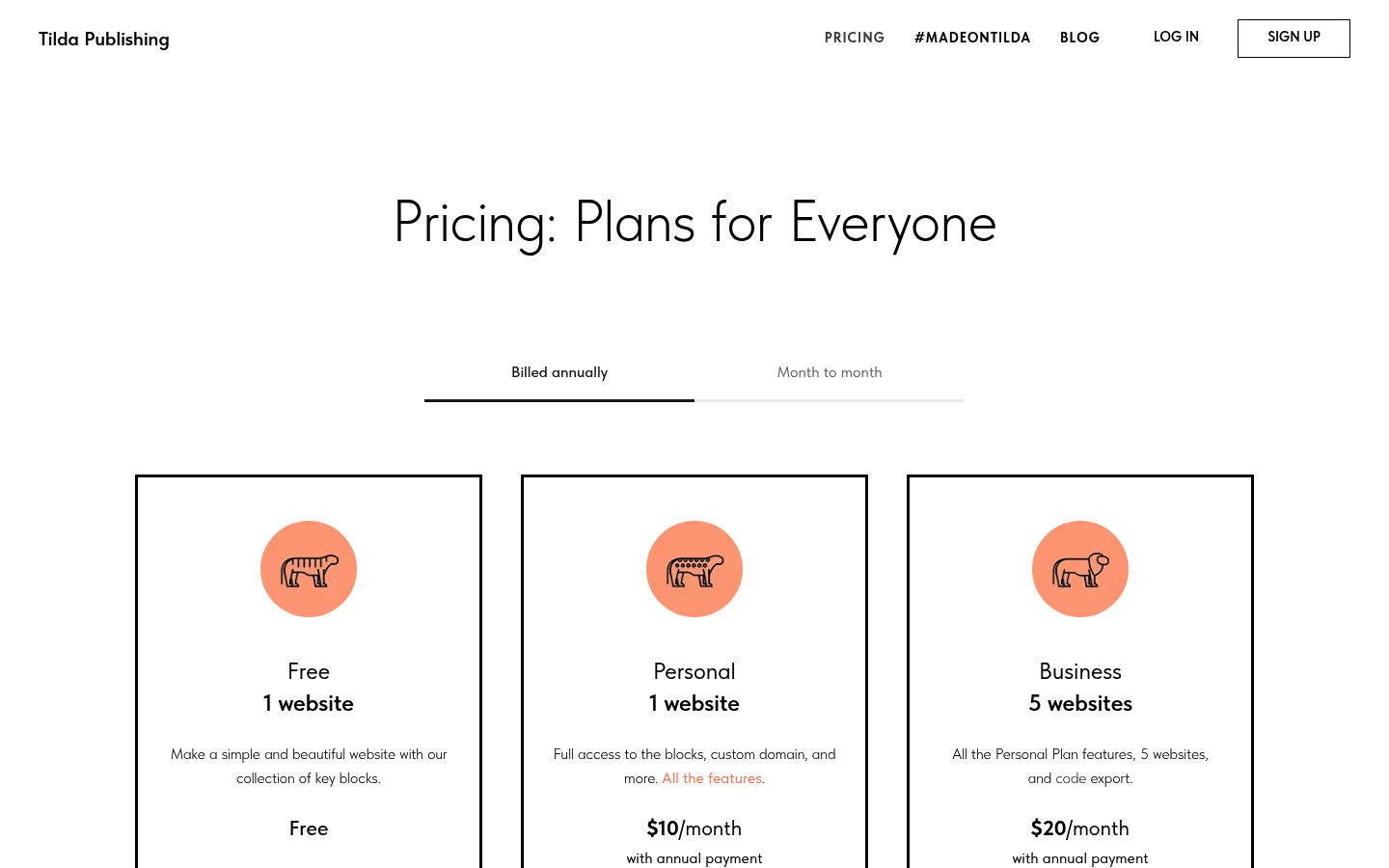 Screenshot of Tilda's pricing page showing its plans and prices