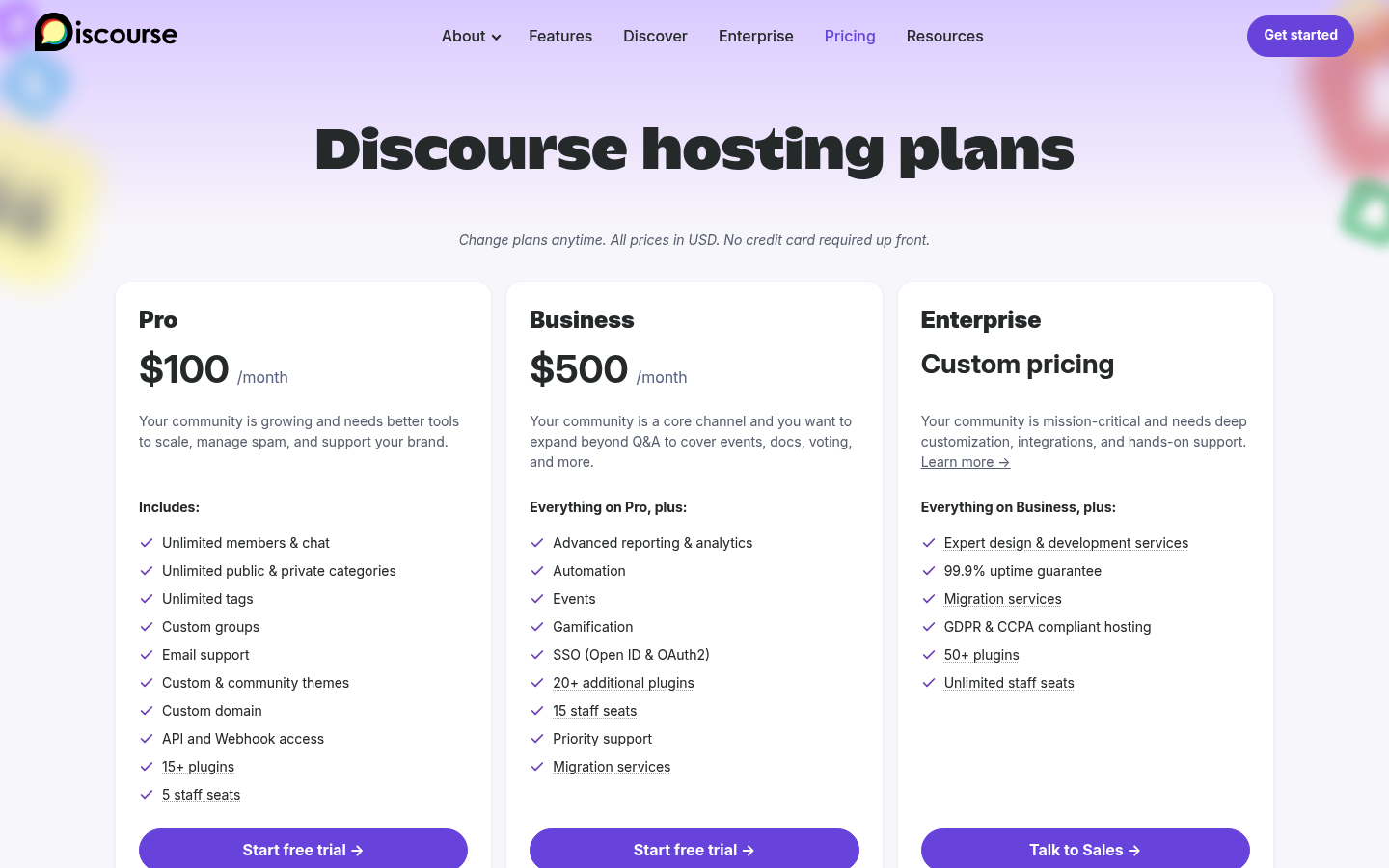 Screenshot of Discourse's pricing page showing its plans and prices