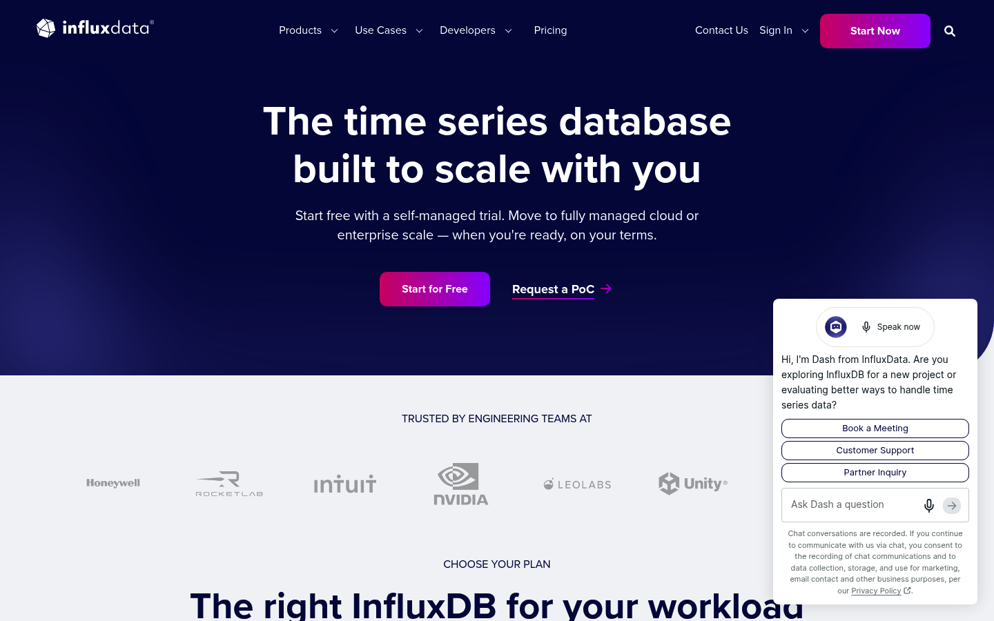Screenshot of InfluxDB's pricing page showing its plans and prices