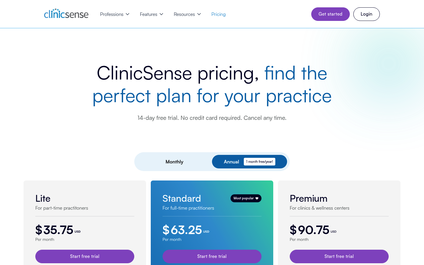 Screenshot of ClinicSense's pricing page showing its plans and prices