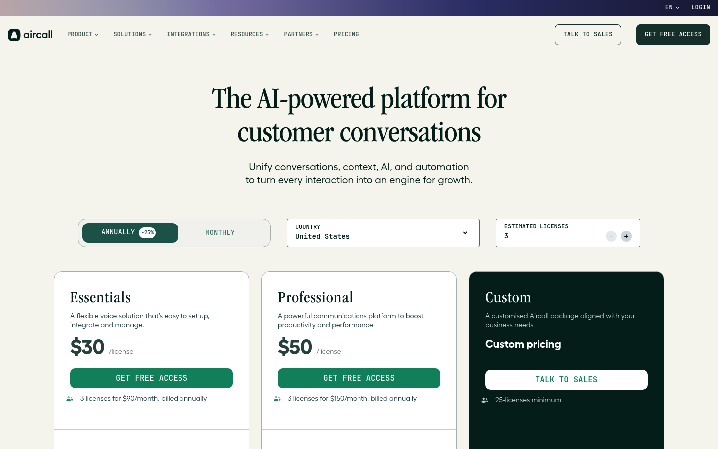 Screenshot of Aircall's pricing page showing its plans and prices