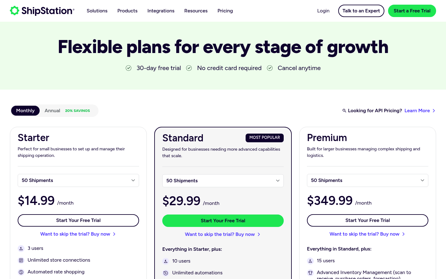 Screenshot of ShipStation's pricing page showing its plans and prices