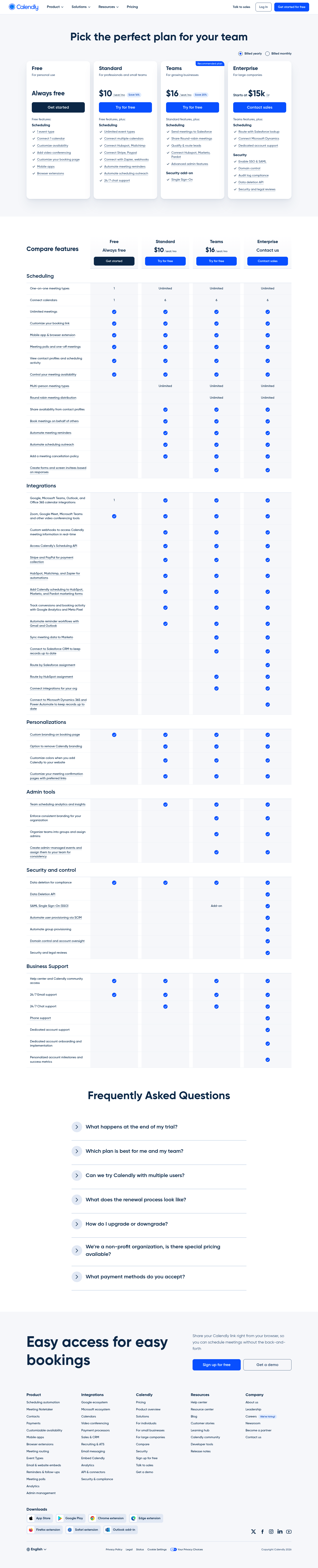 Screenshot of Calendly's pricing page showing its plans and prices