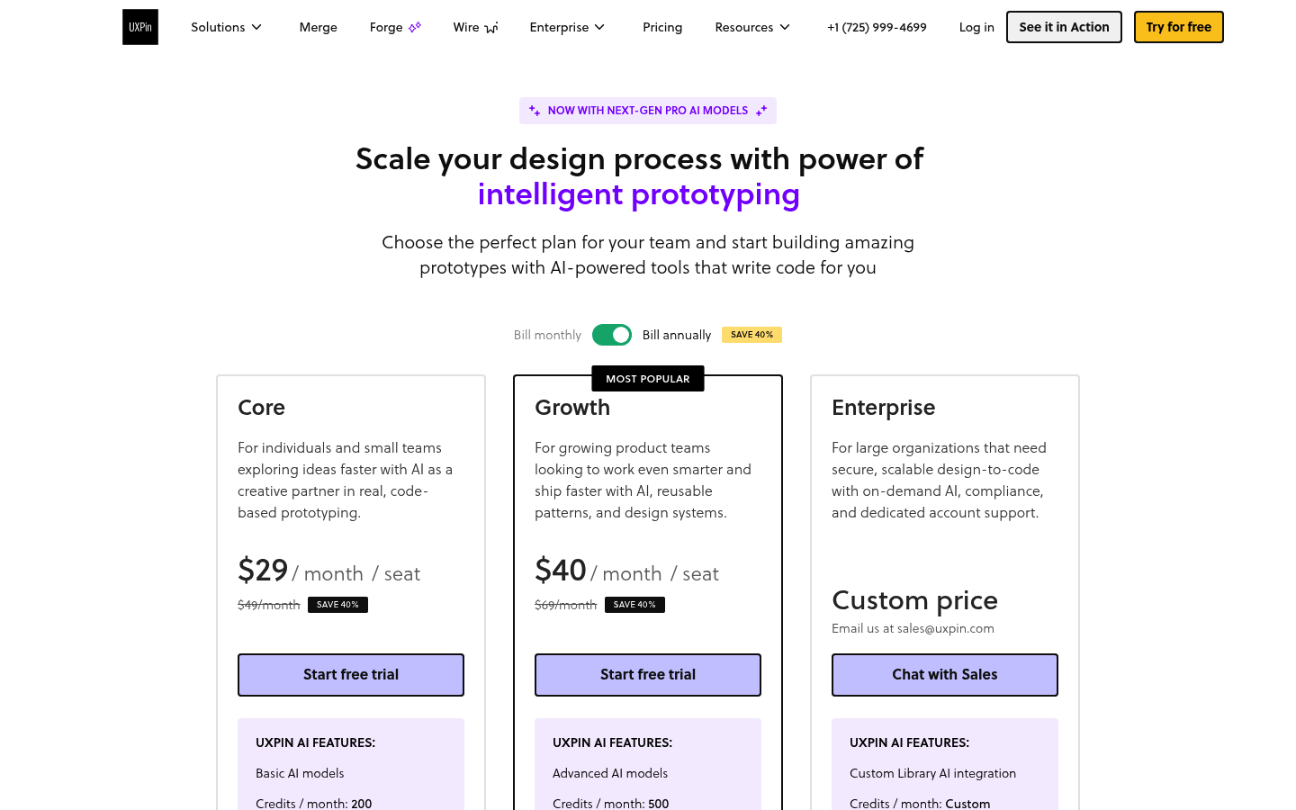 Screenshot of UXPin's pricing page showing its plans and prices