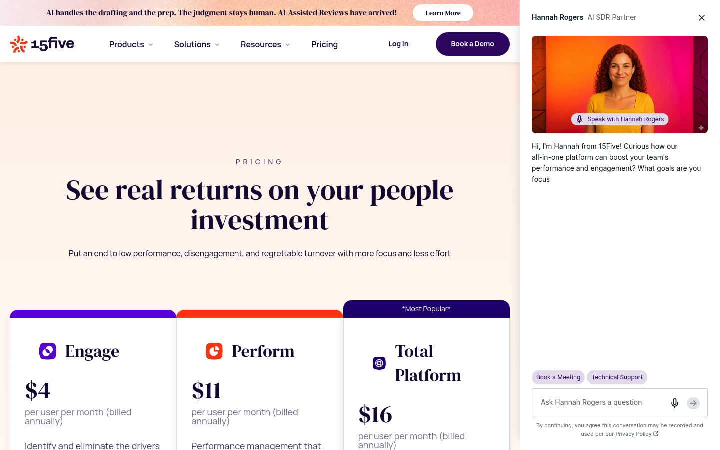 Screenshot of 15Five's pricing page showing its plans and prices