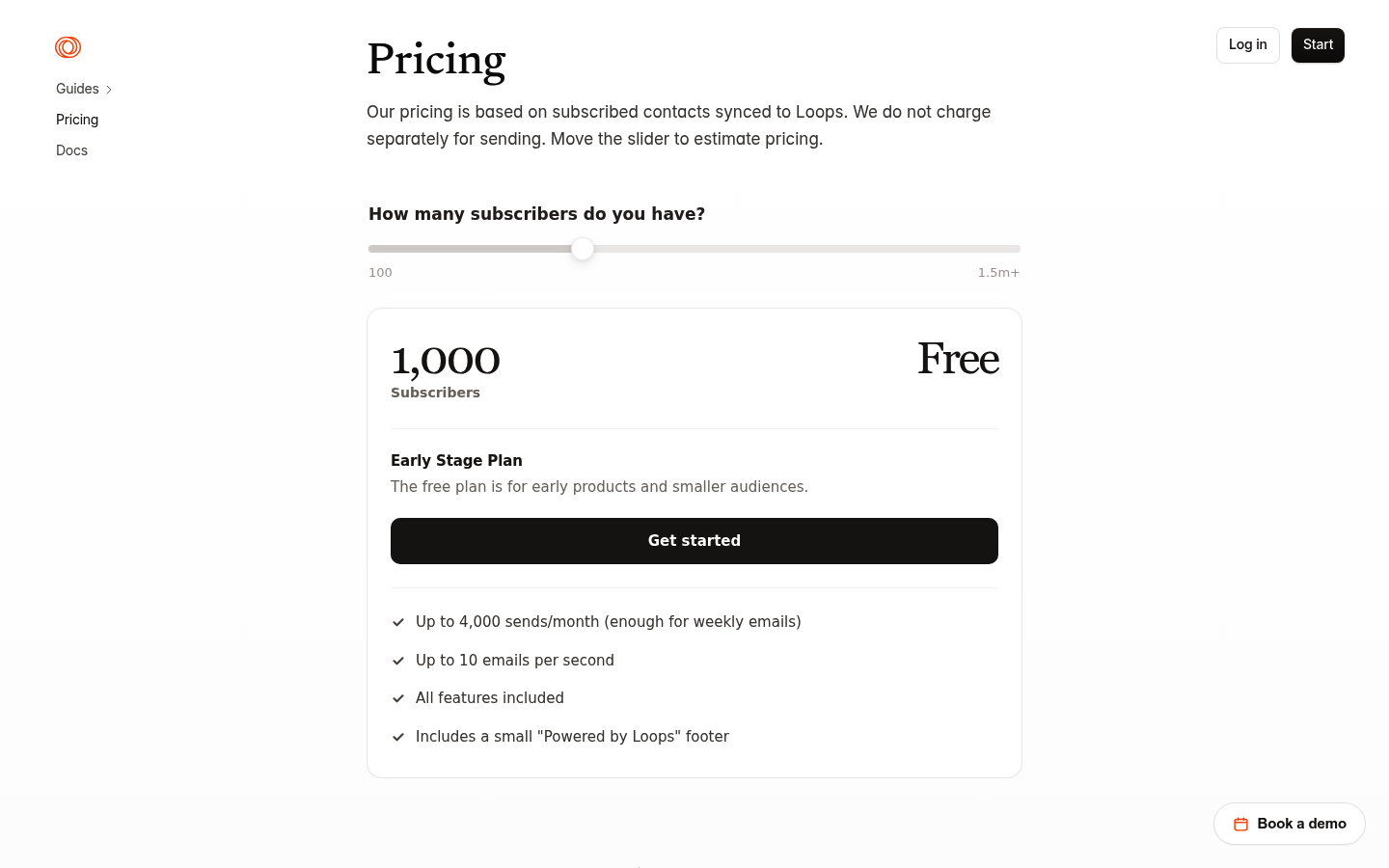 Screenshot of Loops's pricing page showing its plans and prices