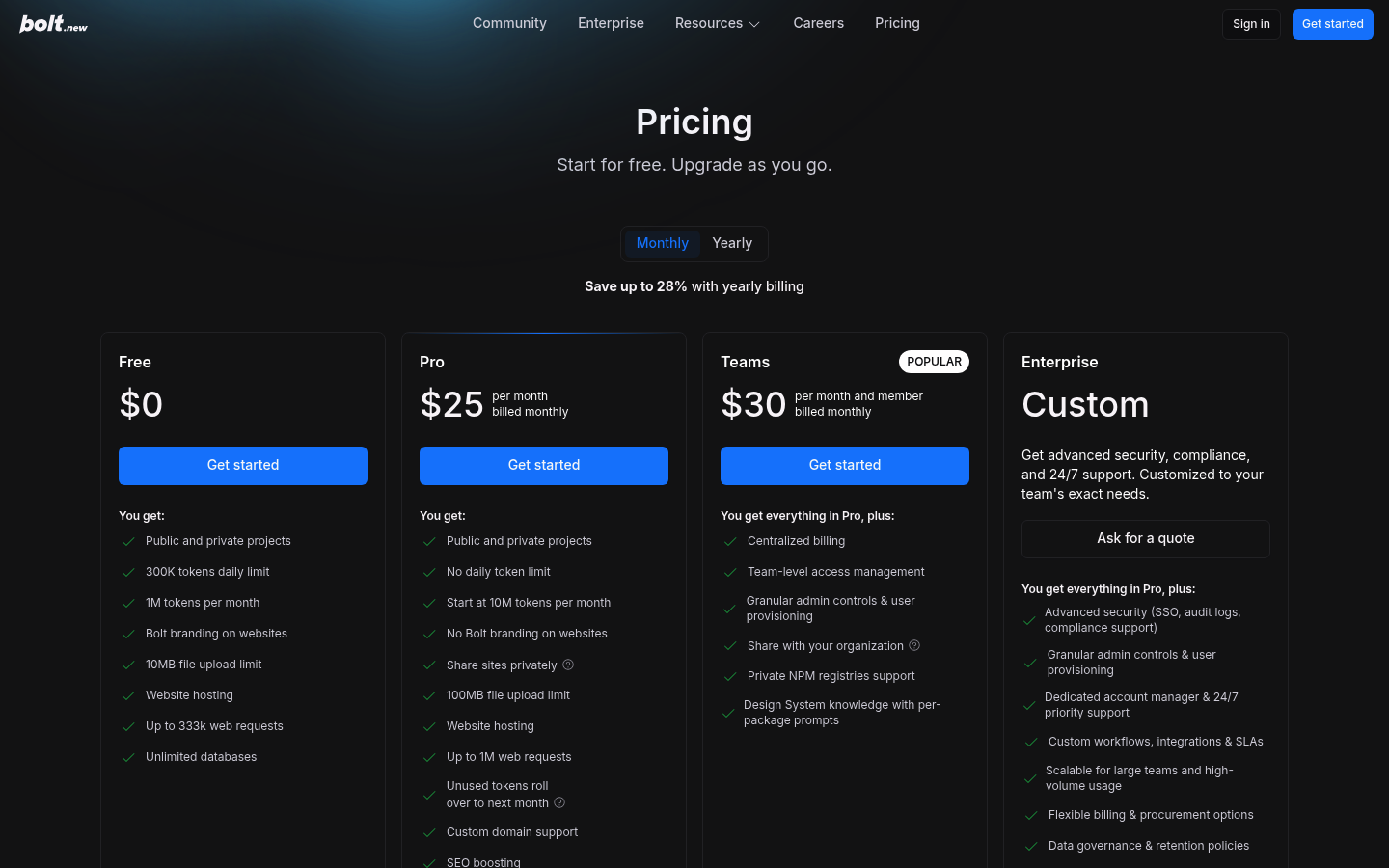 Screenshot of Bolt's pricing page showing its plans and prices