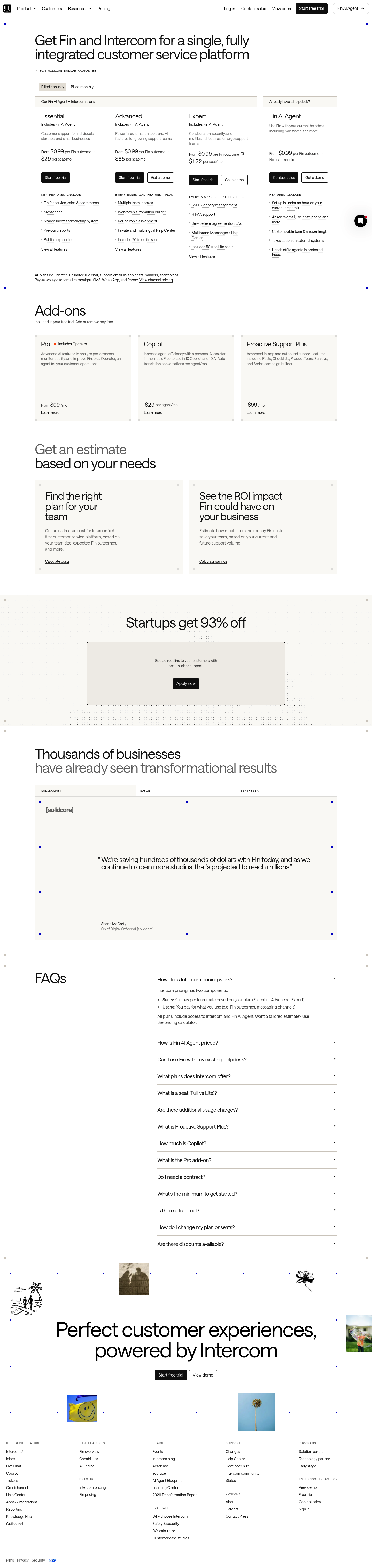 Screenshot of Intercom's pricing page showing its plans and prices