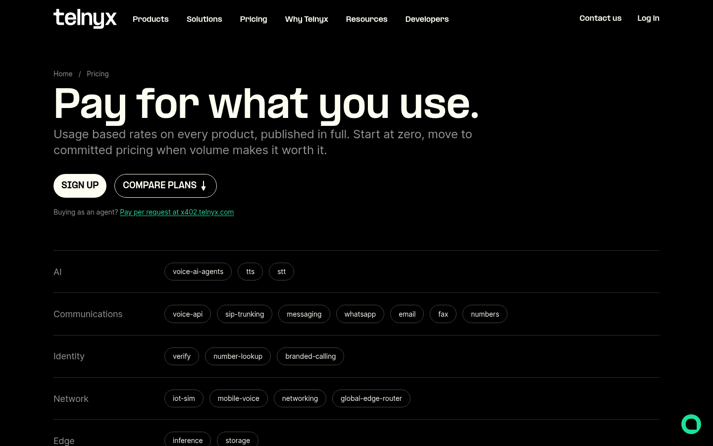 Screenshot of Telnyx's pricing page showing its plans and prices