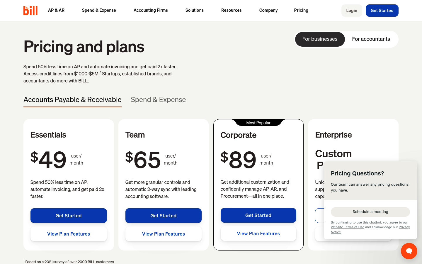 Screenshot of Bill.com's pricing page showing its plans and prices