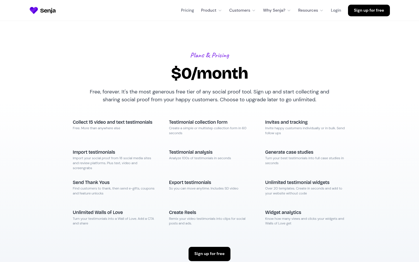 Screenshot of Senja's pricing page showing its plans and prices
