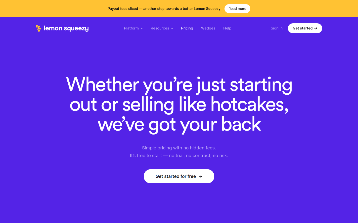 Screenshot of Lemon Squeezy's pricing page showing its plans and prices