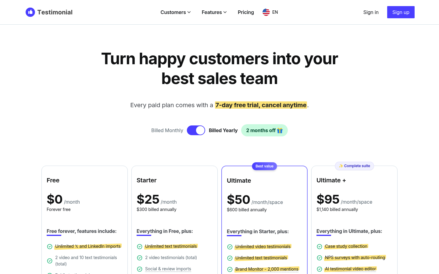 Screenshot of Testimonial.to's pricing page showing its plans and prices