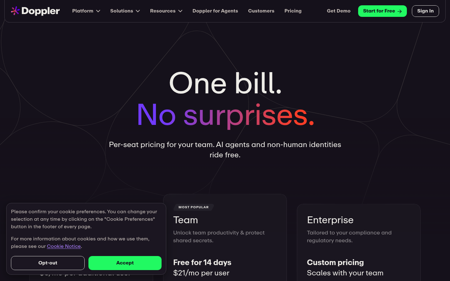 Screenshot of Doppler's pricing page showing its plans and prices