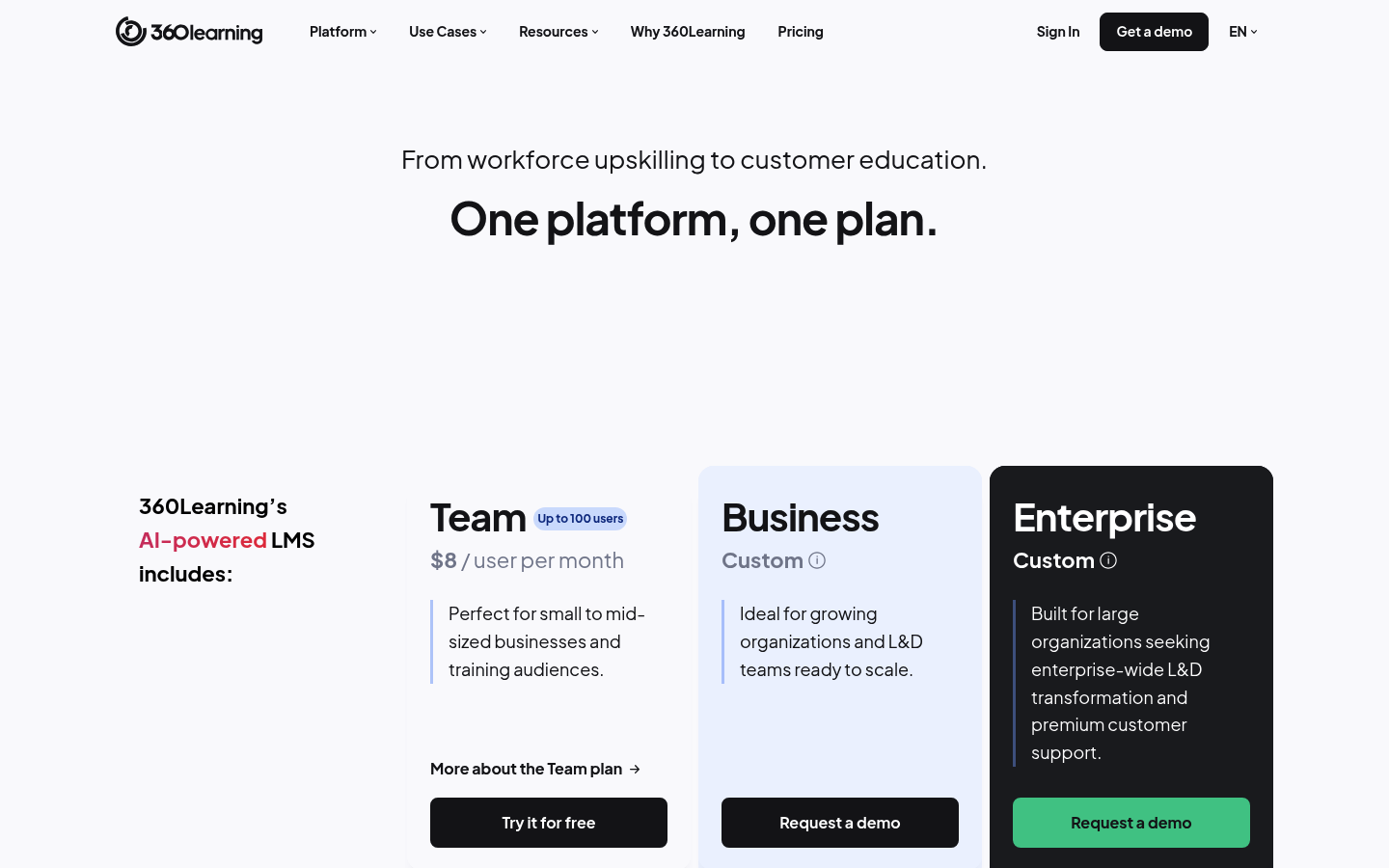 Screenshot of 360Learning's pricing page showing its plans and prices