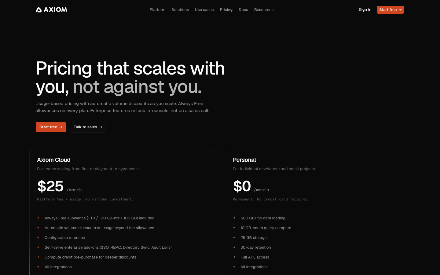 Screenshot of Axiom's pricing page showing its plans and prices