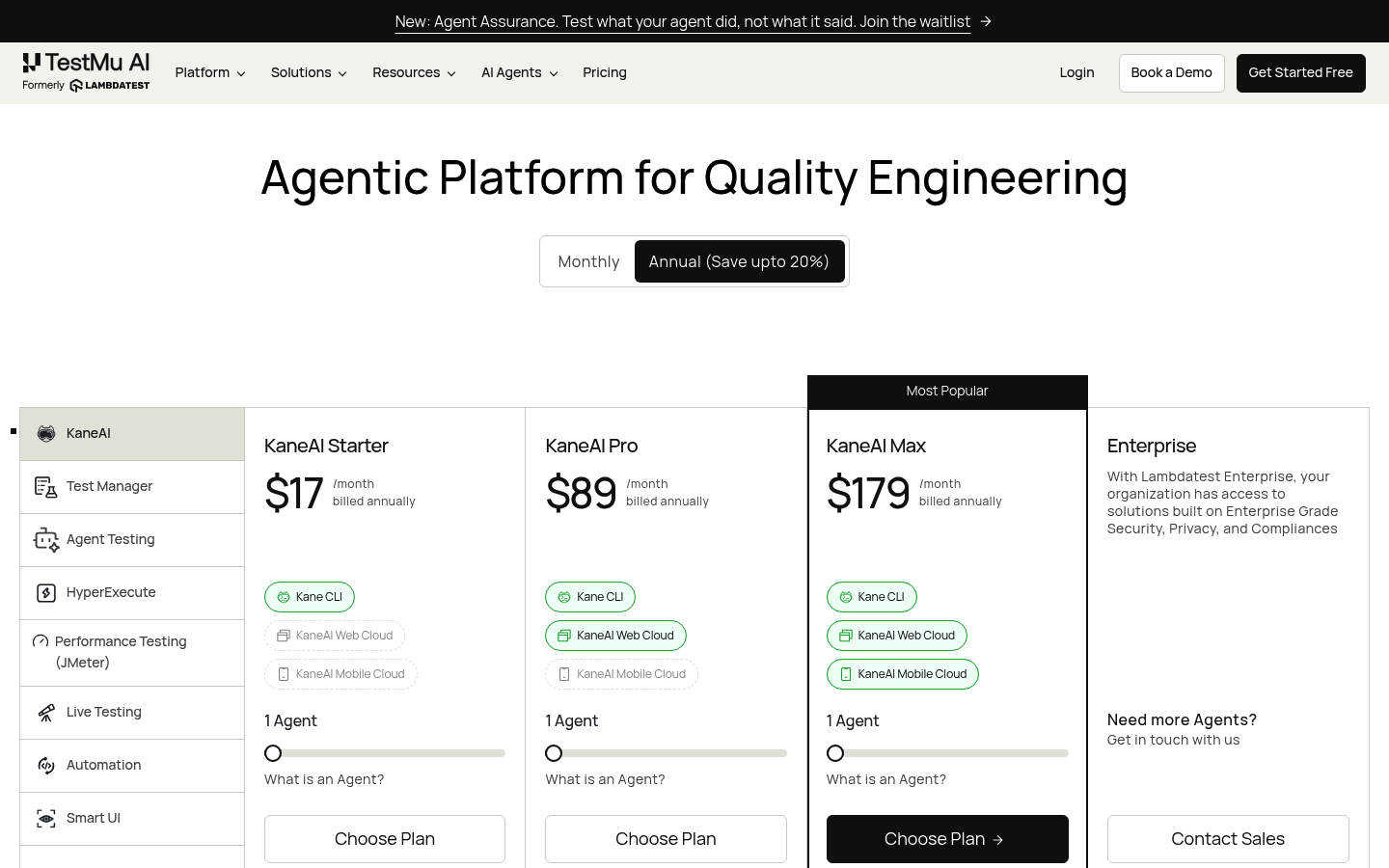 Screenshot of LambdaTest's pricing page showing its plans and prices