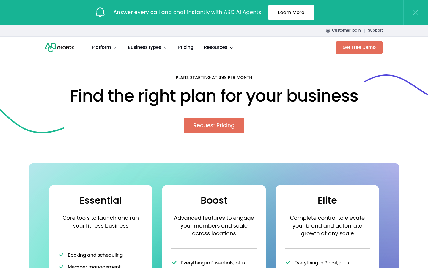 Screenshot of Glofox's pricing page showing its plans and prices