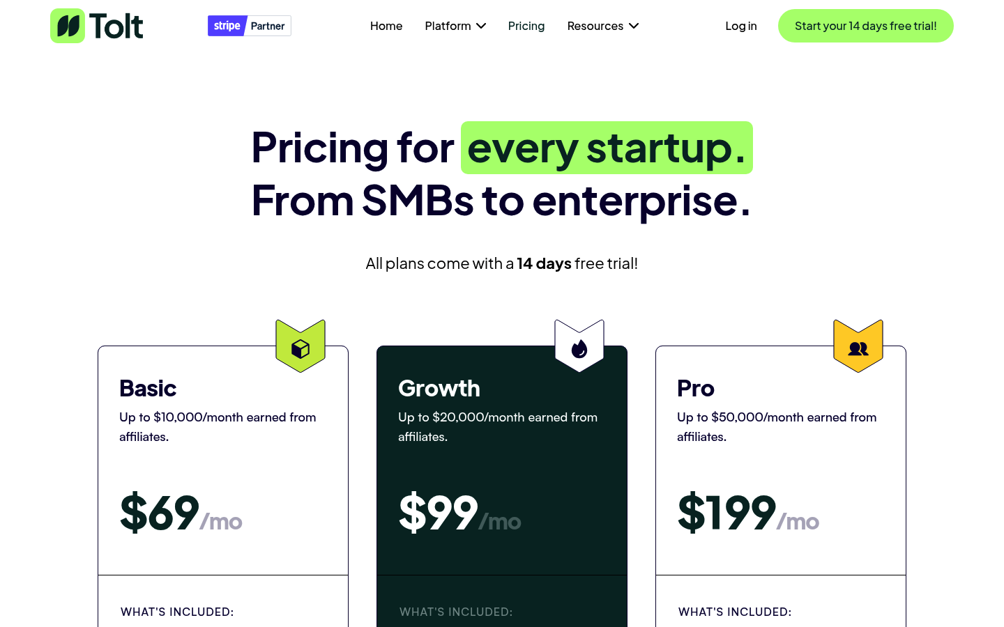 Screenshot of Tolt's pricing page showing its plans and prices