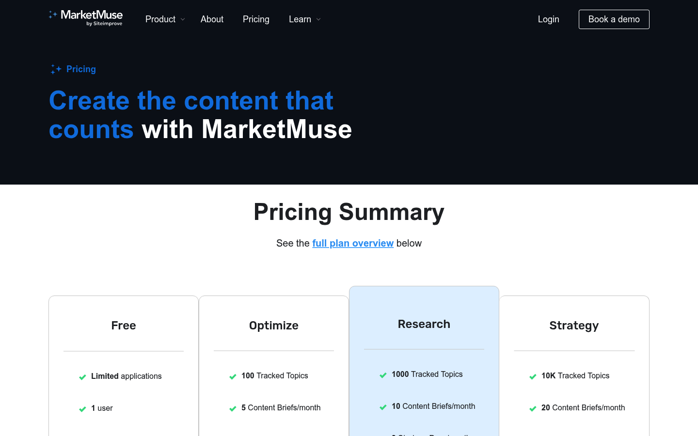 Screenshot of MarketMuse's pricing page showing its plans and prices