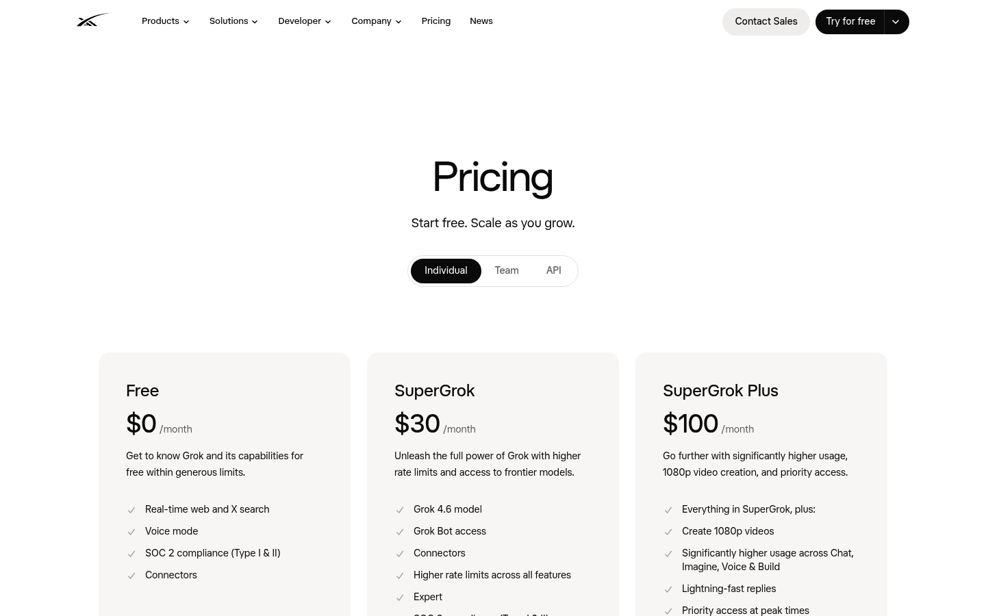 Screenshot of Grok's pricing page showing its plans and prices