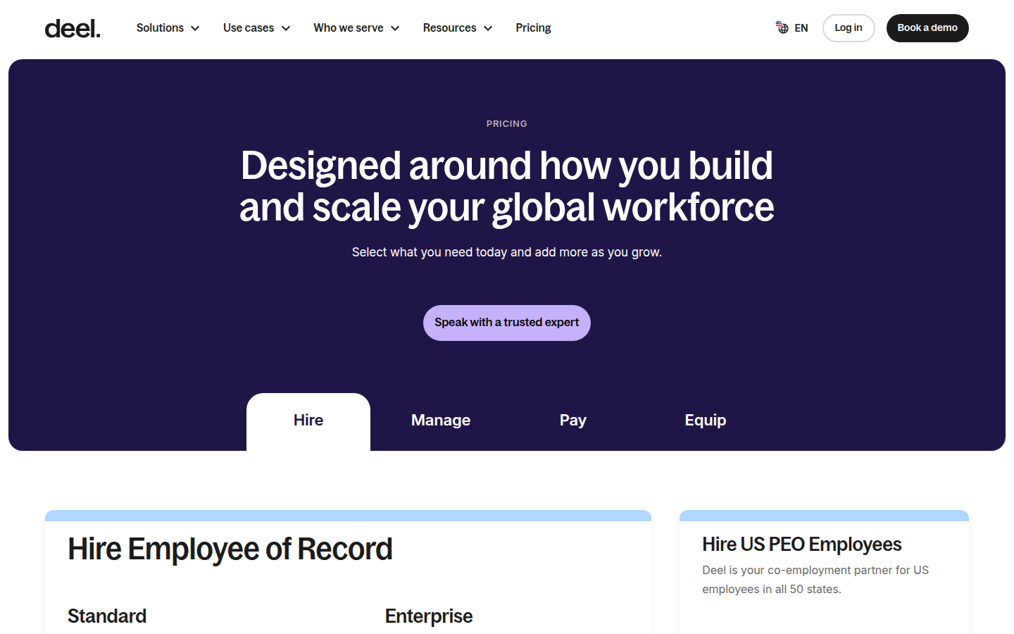 Screenshot of Deel's pricing page showing its plans and prices