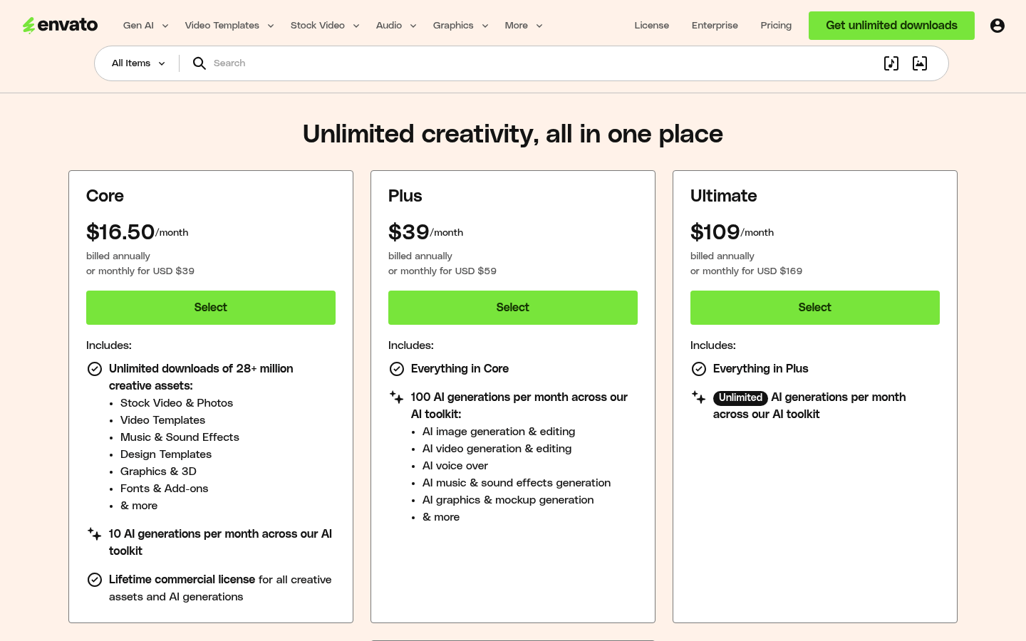 Screenshot of Envato's pricing page showing its plans and prices