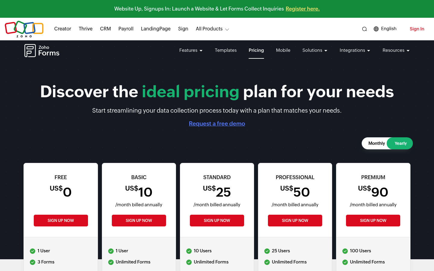 Screenshot of Zoho Forms's pricing page showing its plans and prices
