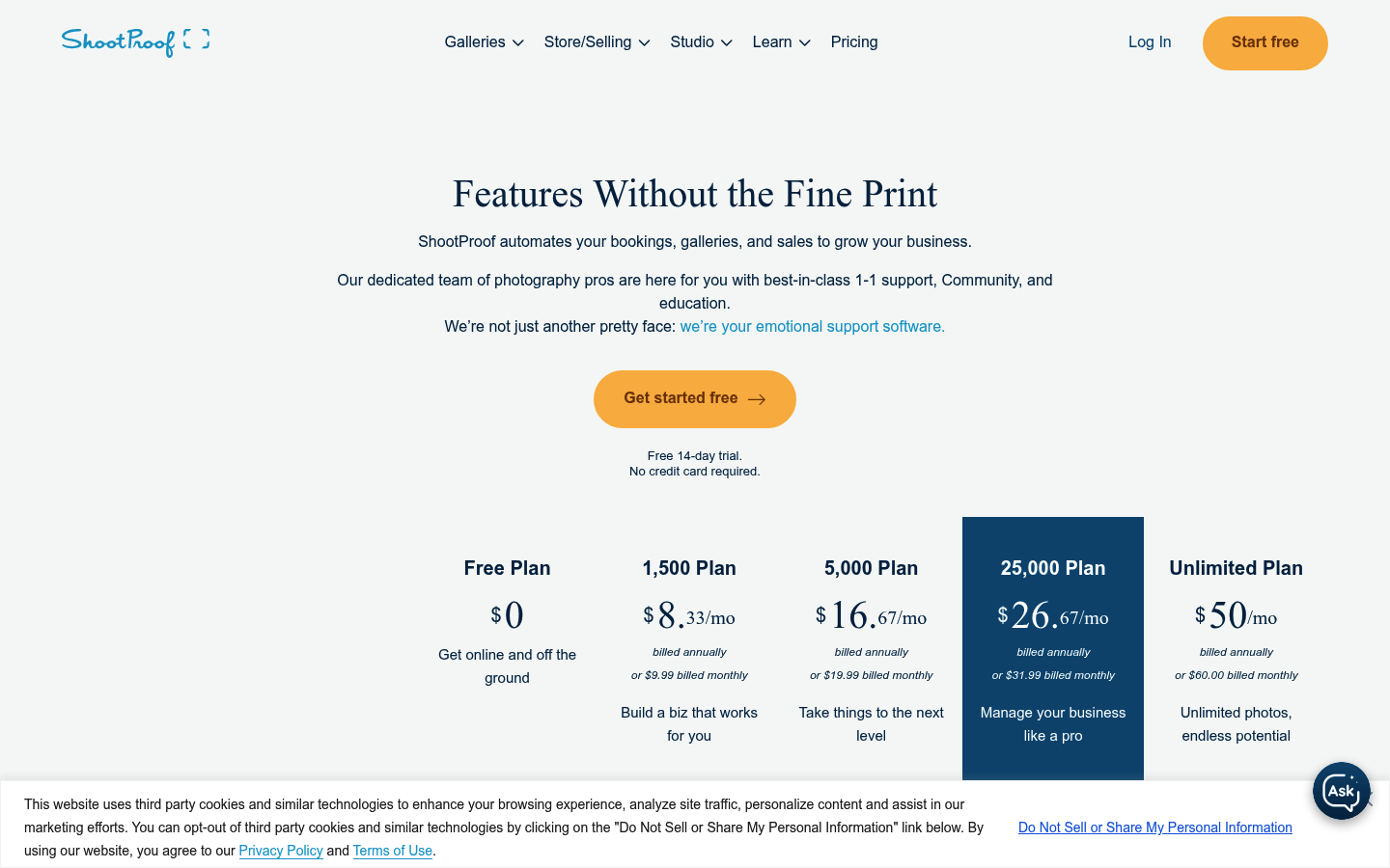 Screenshot of ShootProof's pricing page showing its plans and prices