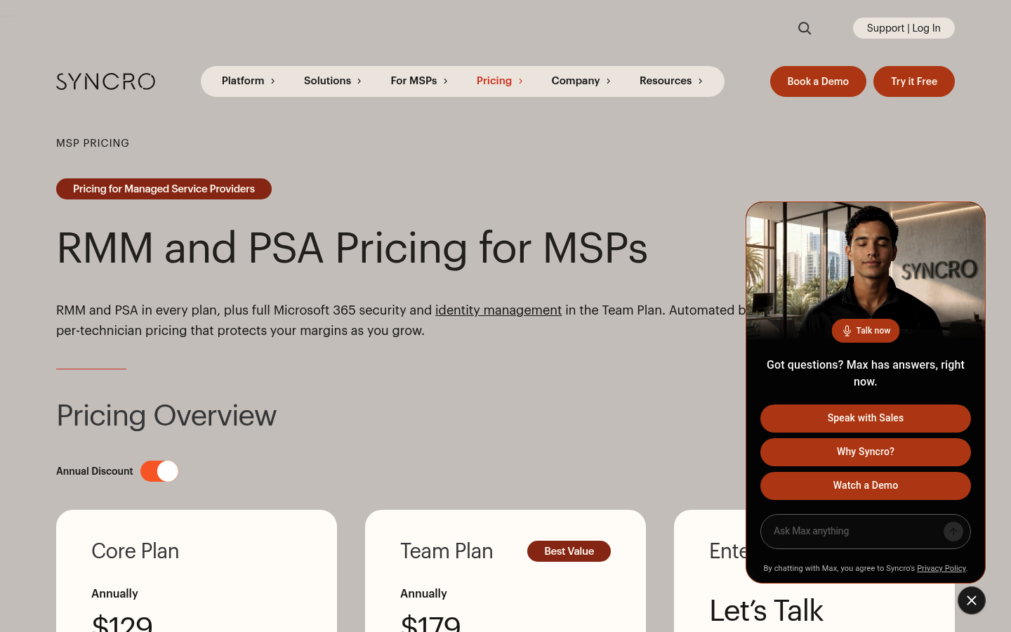 Screenshot of Syncro's pricing page showing its plans and prices