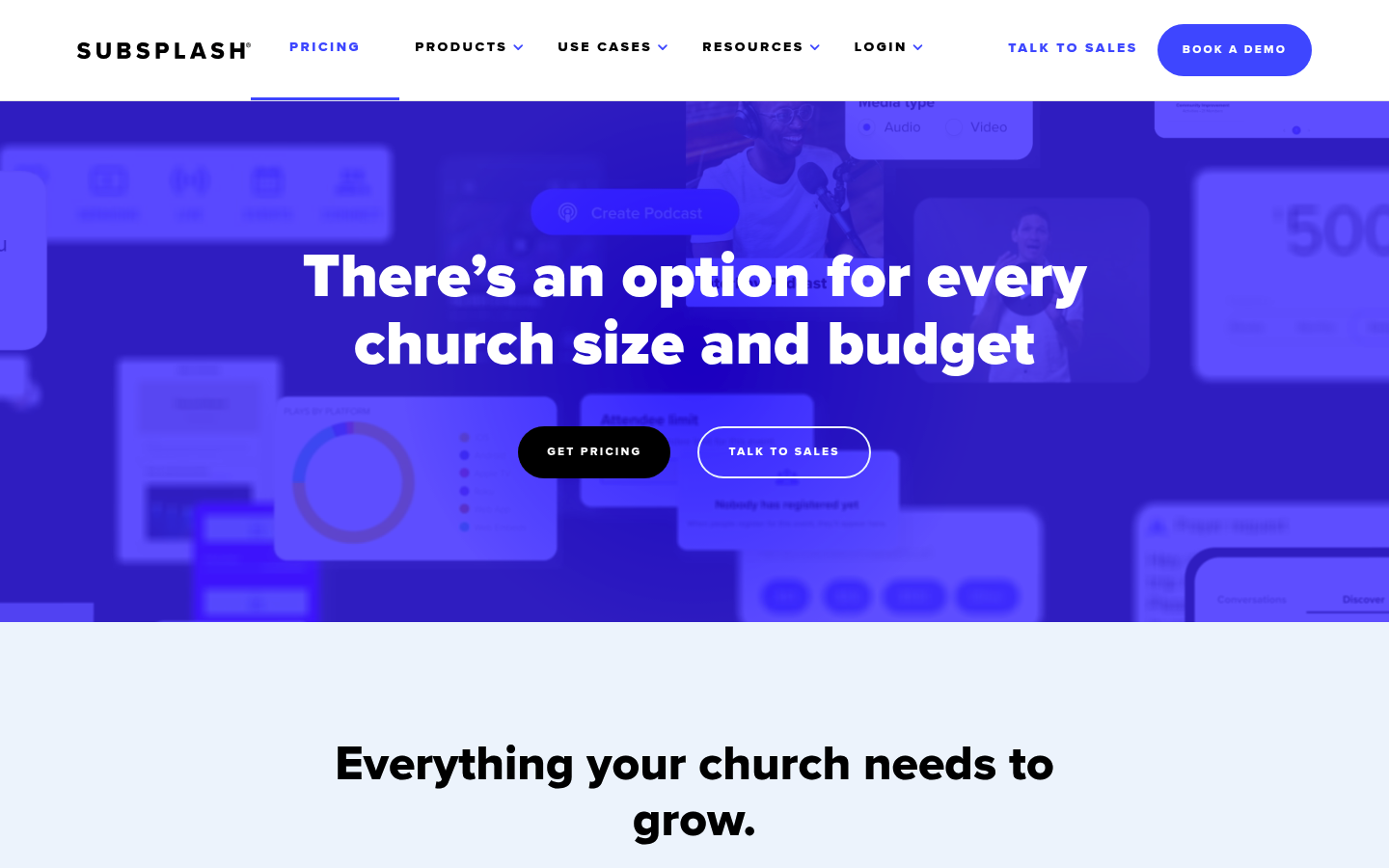 Screenshot of Subsplash's pricing page showing its plans and prices