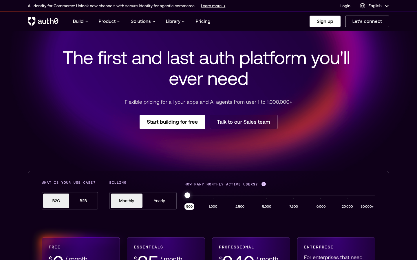 Screenshot of Auth0's pricing page showing its plans and prices