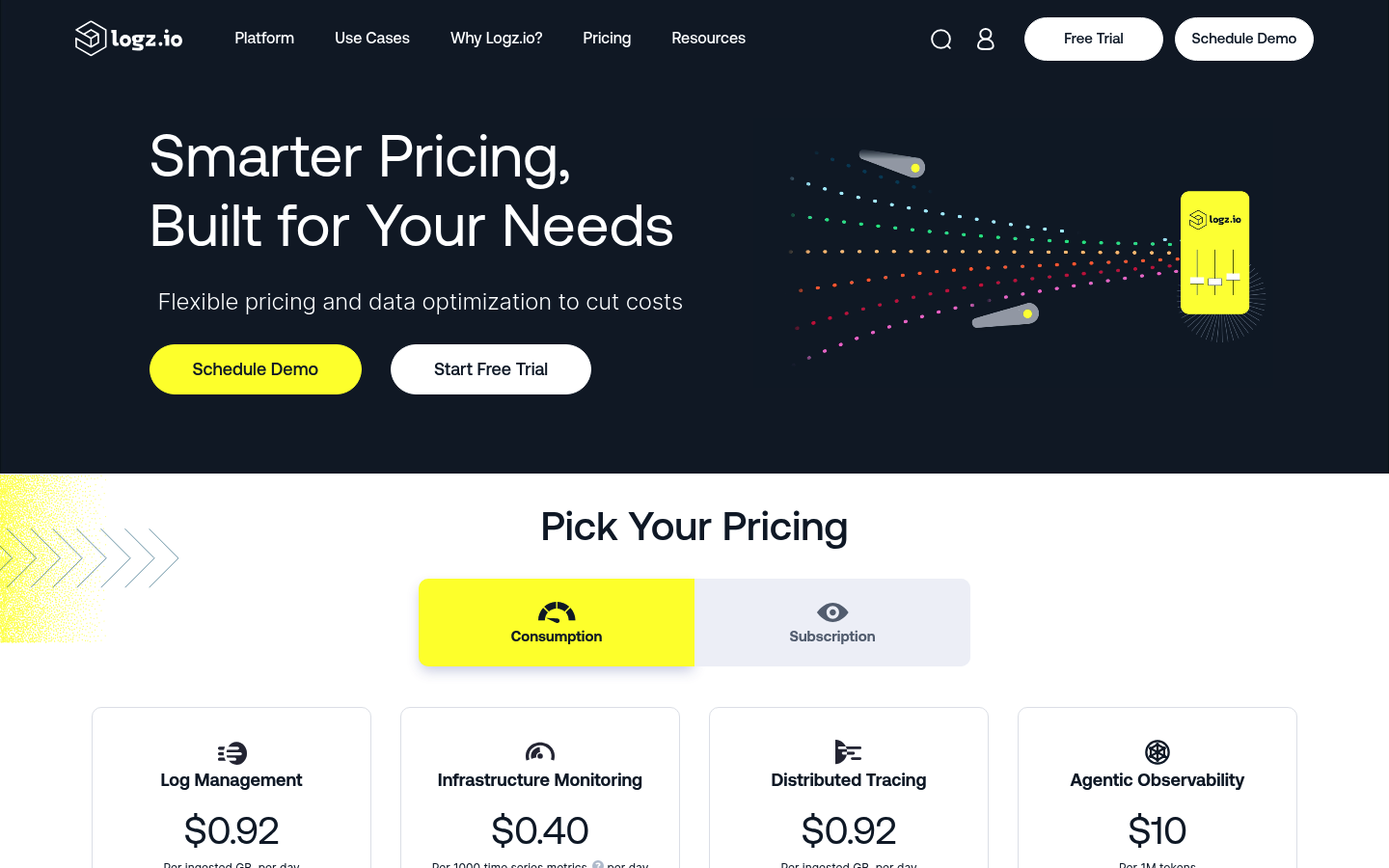 Screenshot of Logz.io's pricing page showing its plans and prices